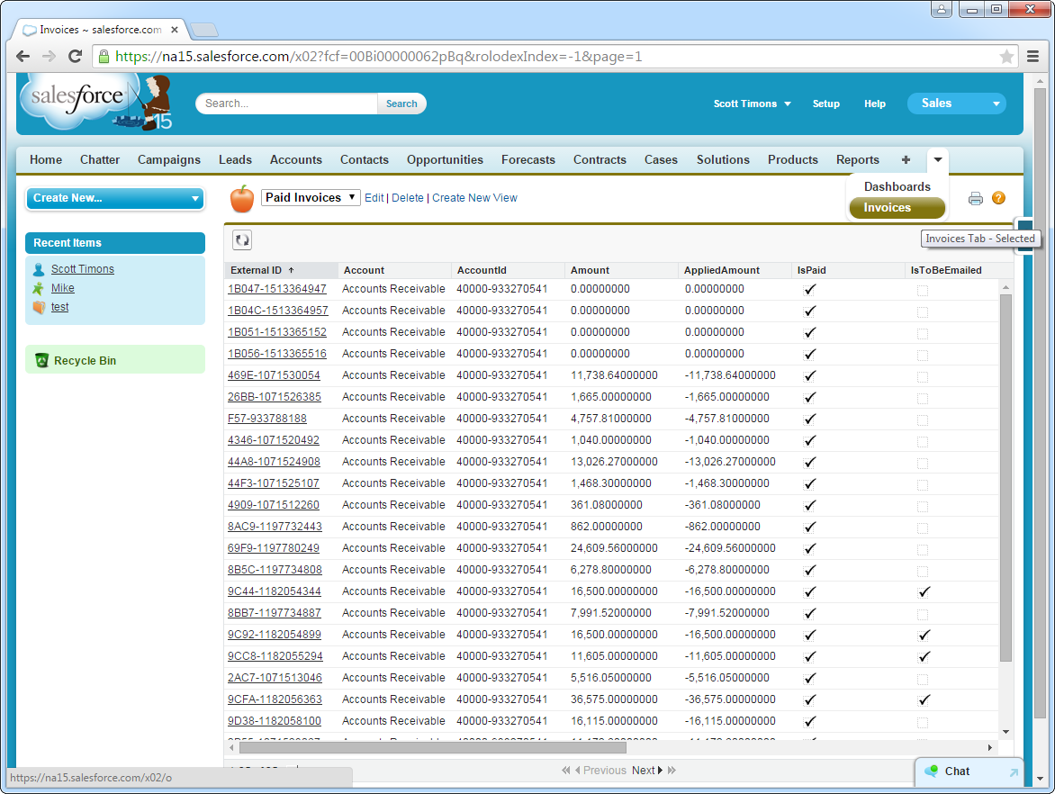 A filtered list view shown on a custom tab. (NetSuite Invoices are shown.)