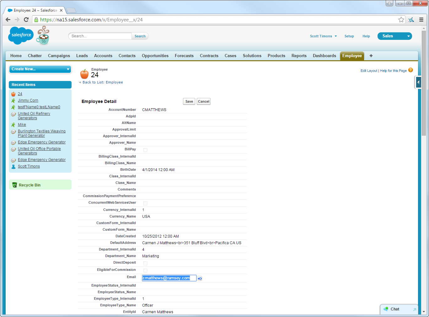 Editing external objects from the Salesforce dashboard. (NetSuite Employees are shown.)