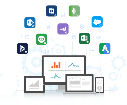A laptop, tablet, mobile device, desktop monitor and various datasource icons.
