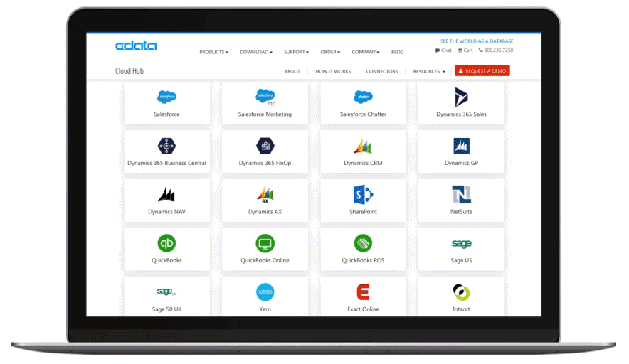 A laptop displaying the CData Connect page while scrolling through a list of available data sources.