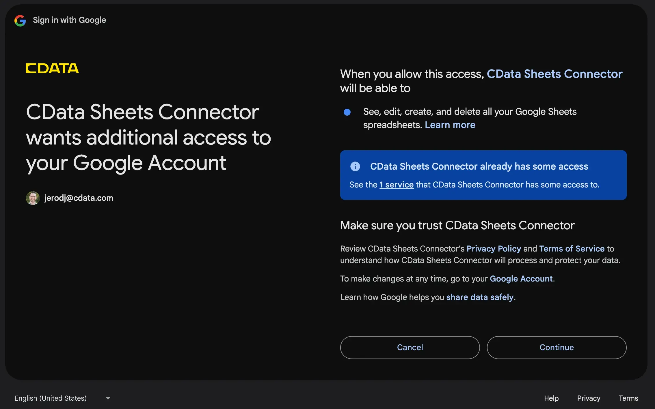 Google OAuth consent screen for the CData connection