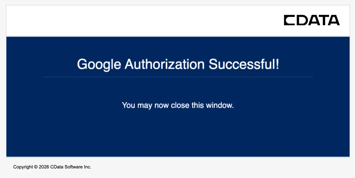 CData callback page reading Google Authorization Successful