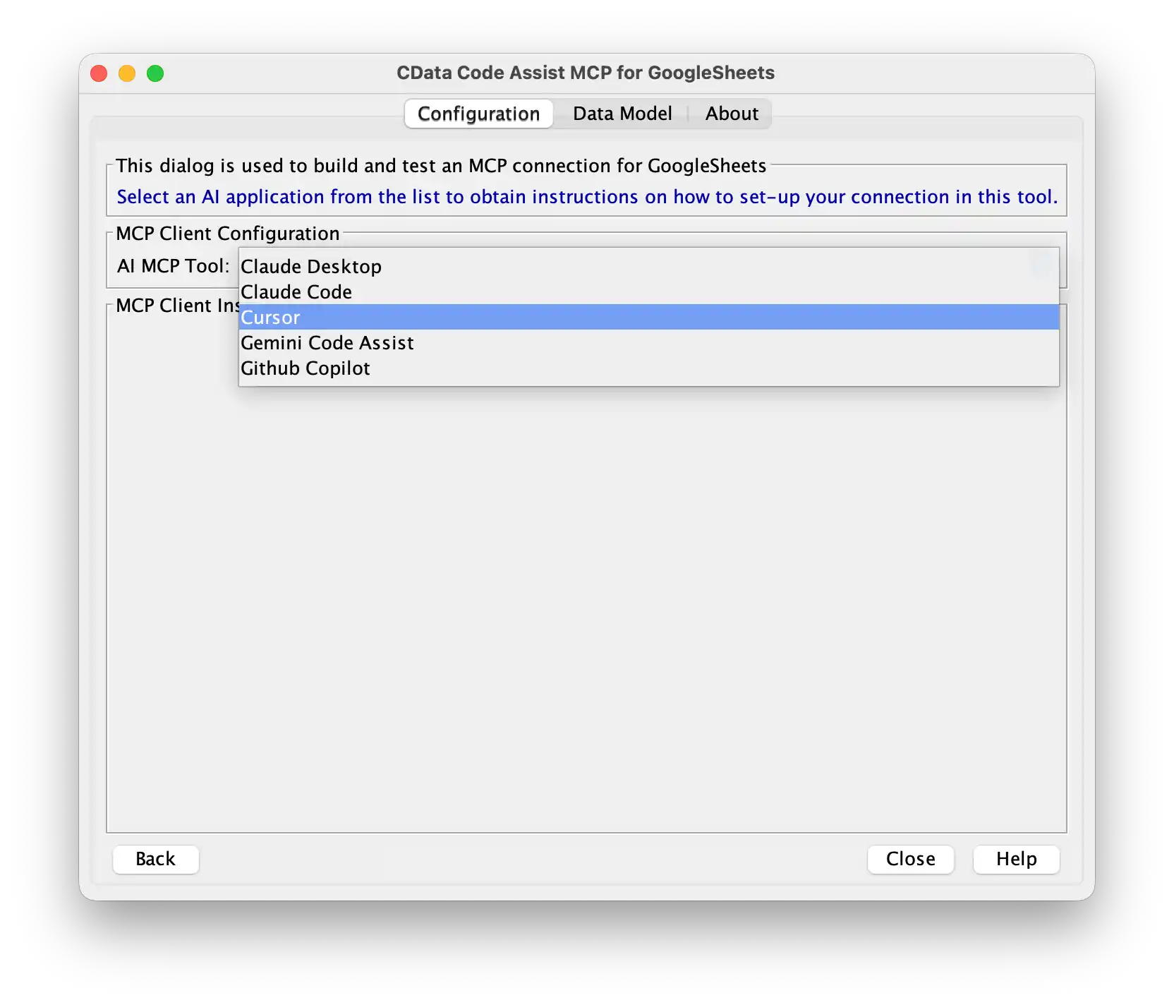 AI MCP Tool dropdown with Cursor selected