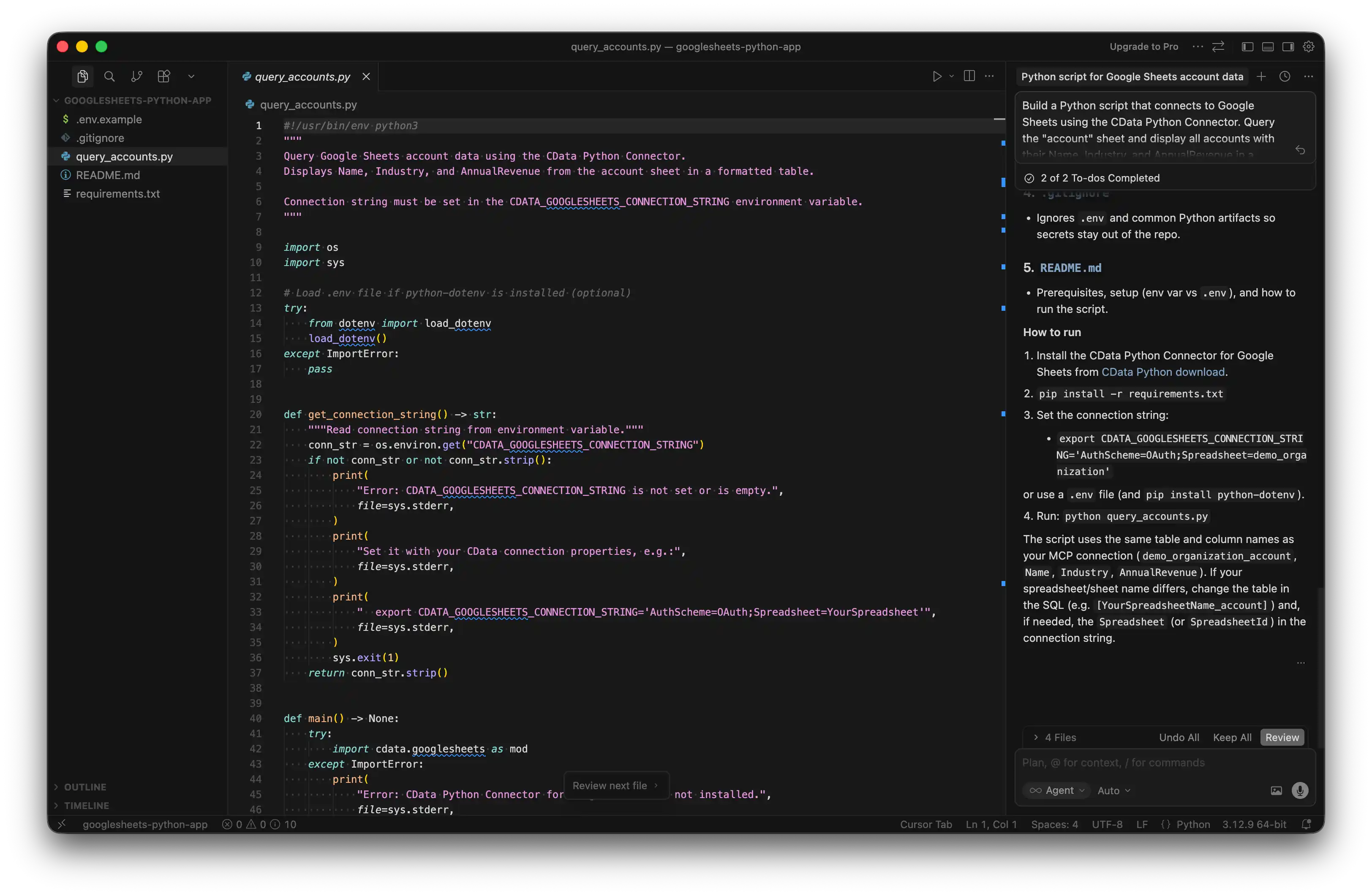 Cursor generating Python code with CData Python Connector