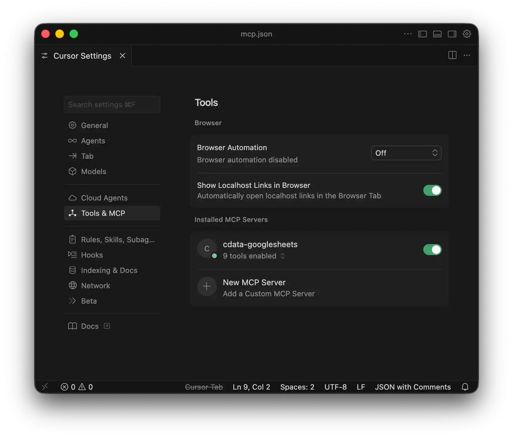 Cursor MCP settings showing cdata-googlesheets connection as Running
