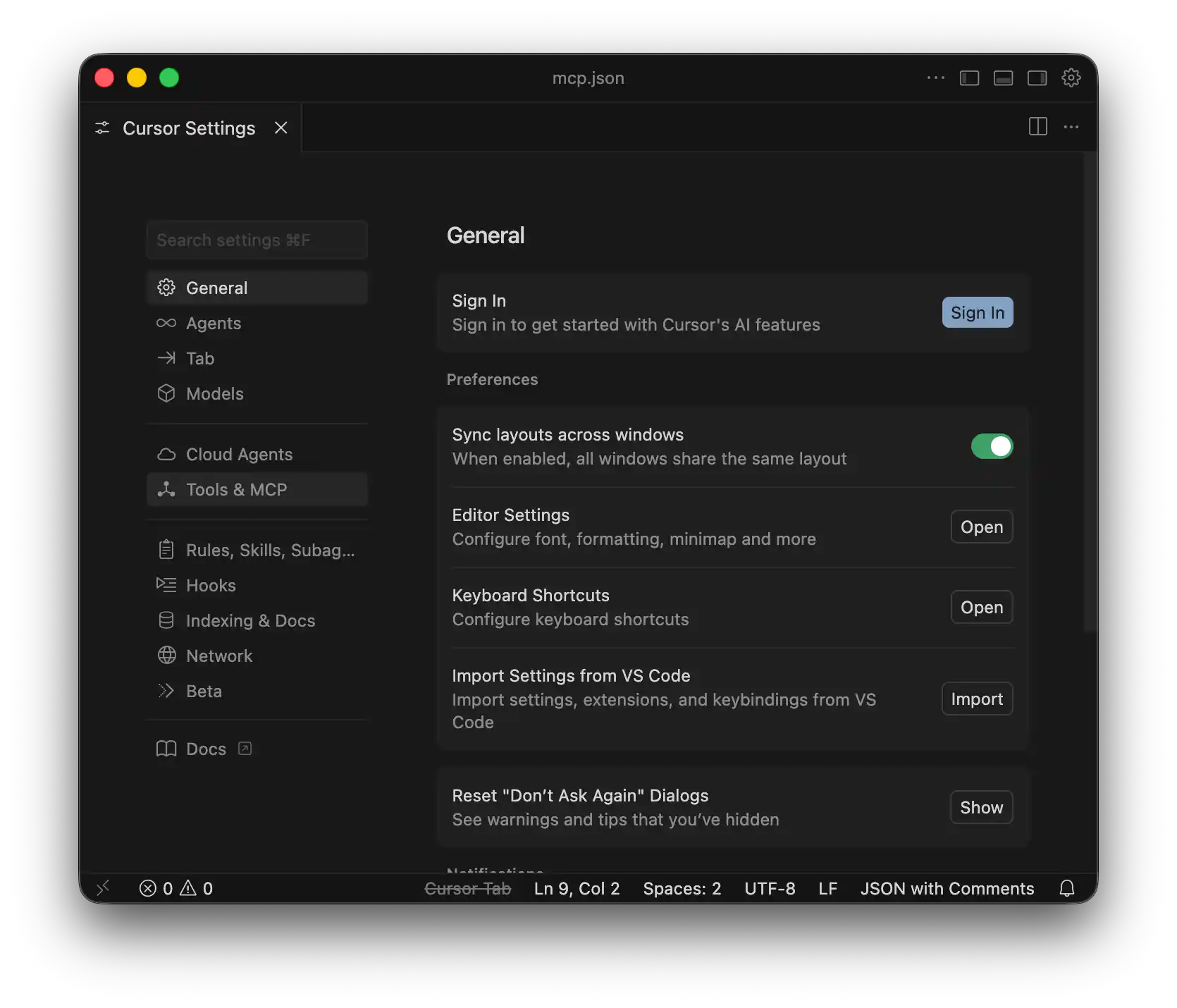 Cursor Settings showing Tools & MCP in the sidebar