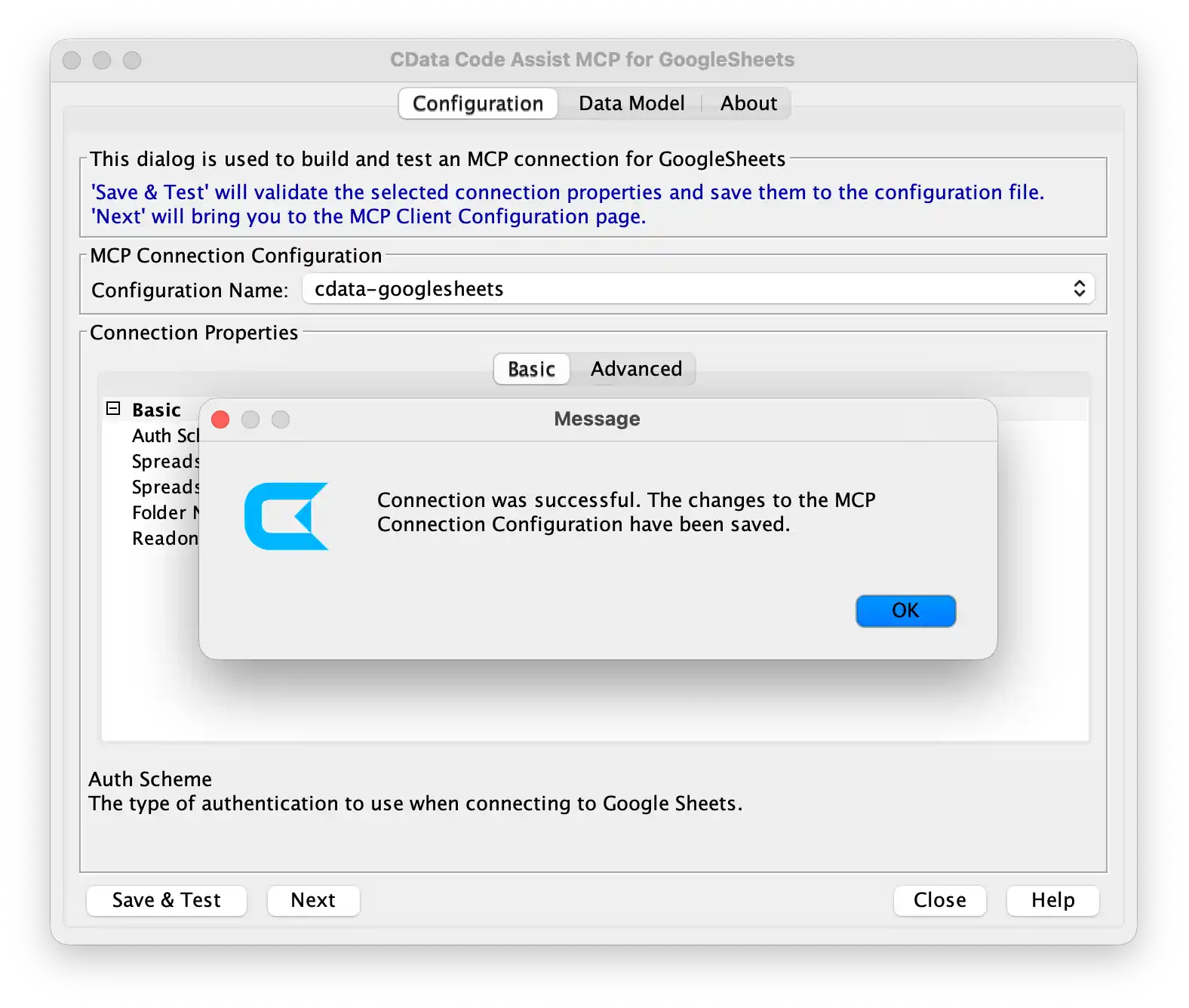 Connection successful message with Next button highlighted