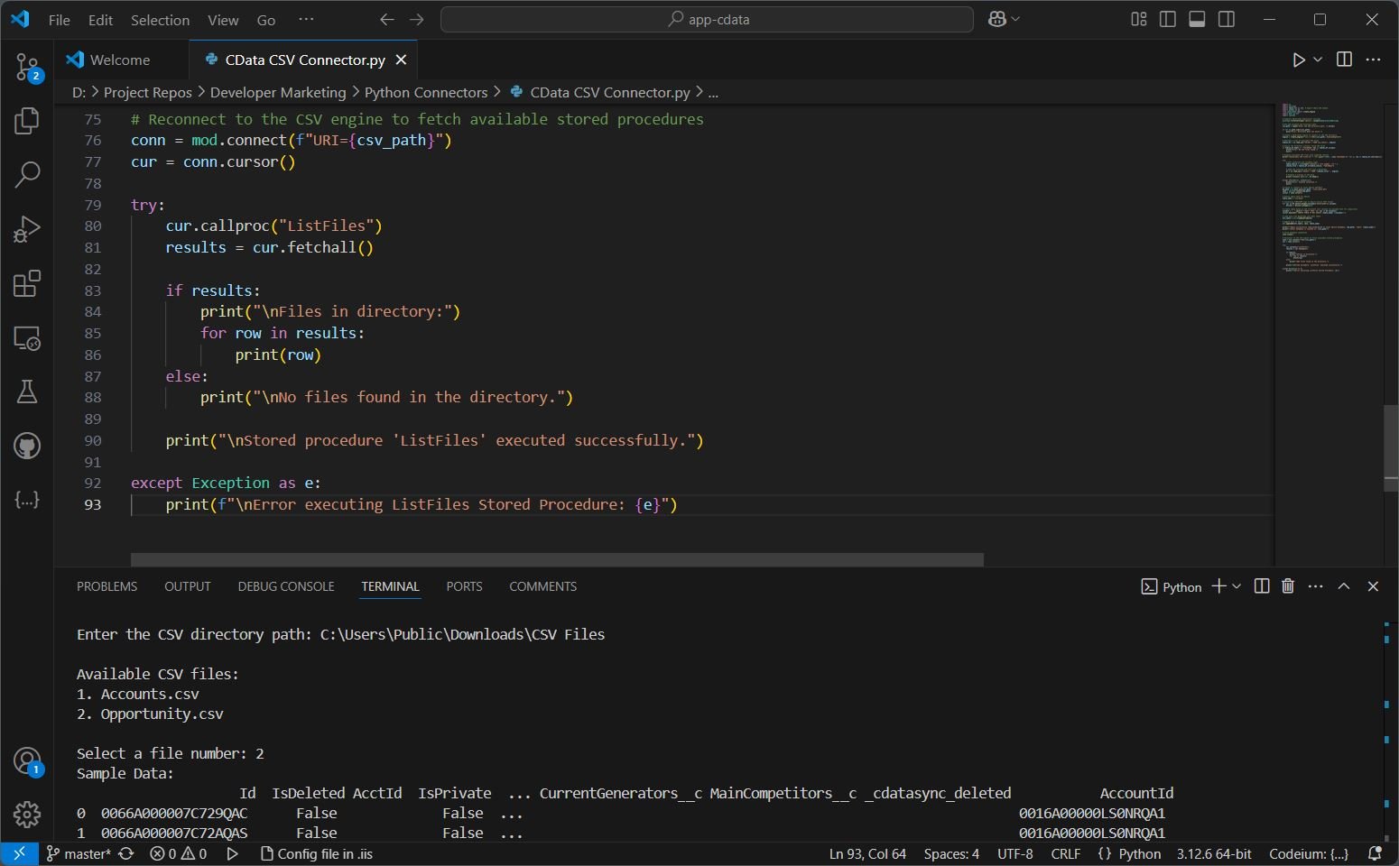 CData Python Connector for CSV Python Script Running in VSCode