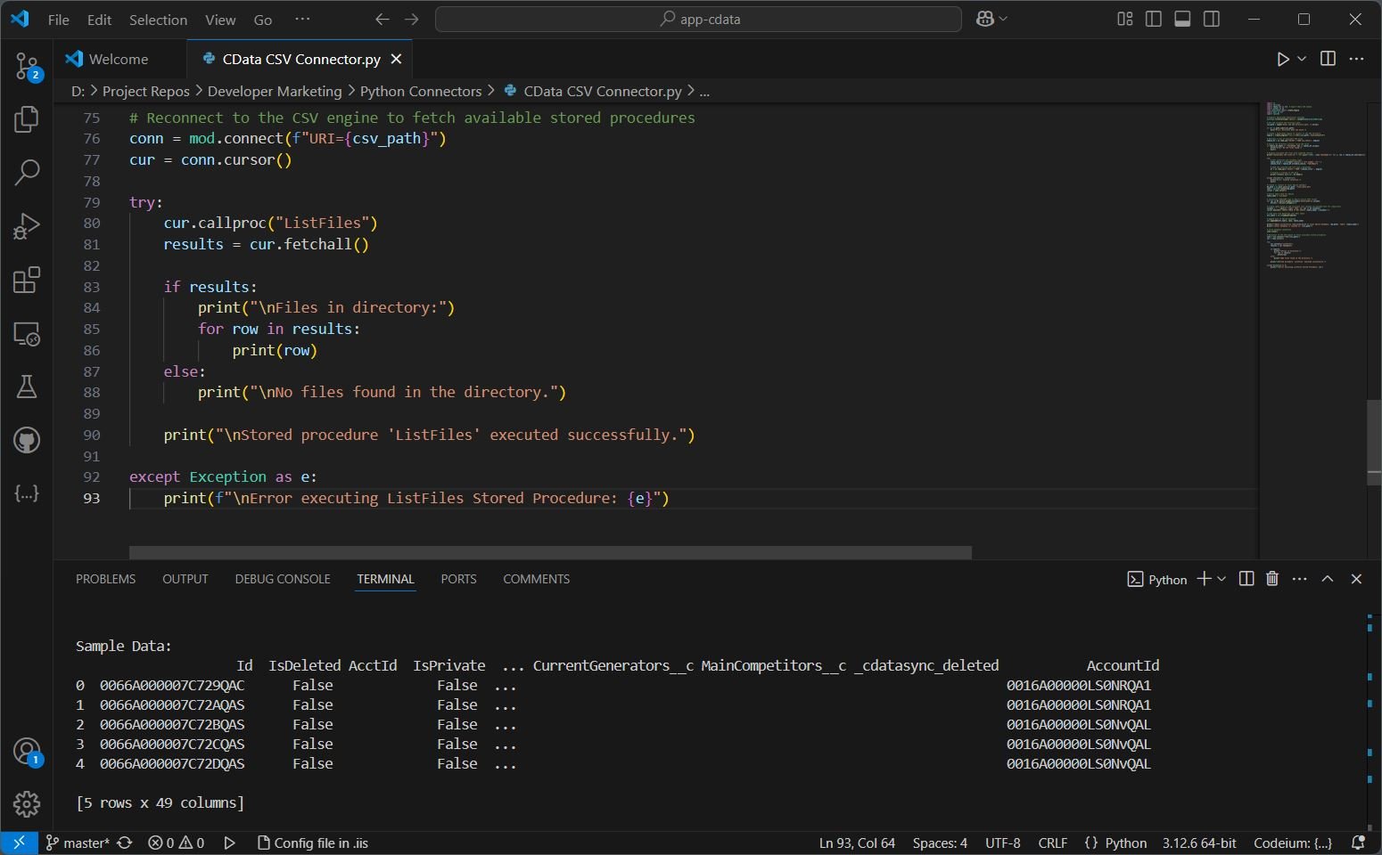 CData Python Connector for CSV Python Script Output in VSCode Terminal