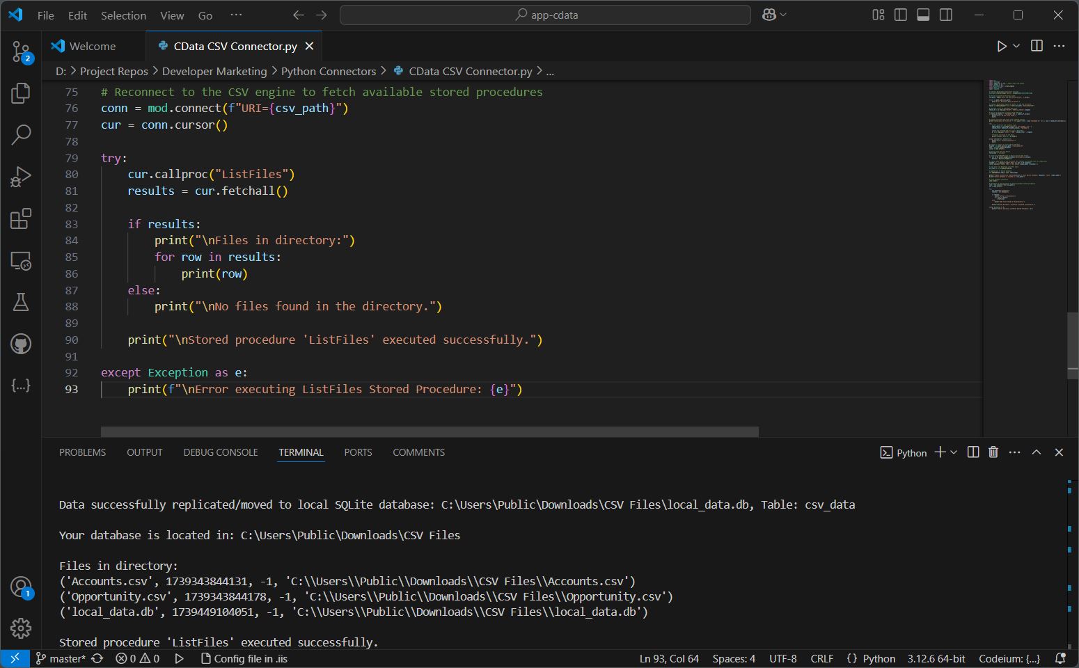 ListFiles Stored Procedure Execution with CData Python Connector for CSV on VSCode