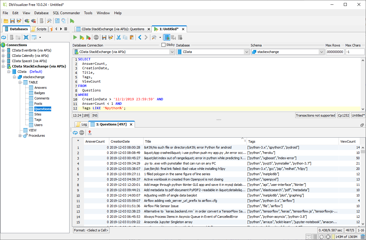 DbVisualizer でのクエリ結果