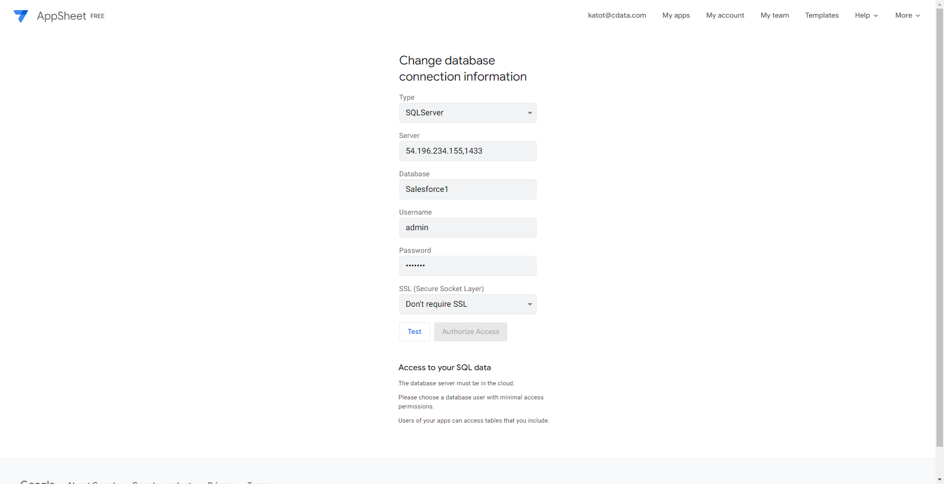 Connect Server への接続情報を指定