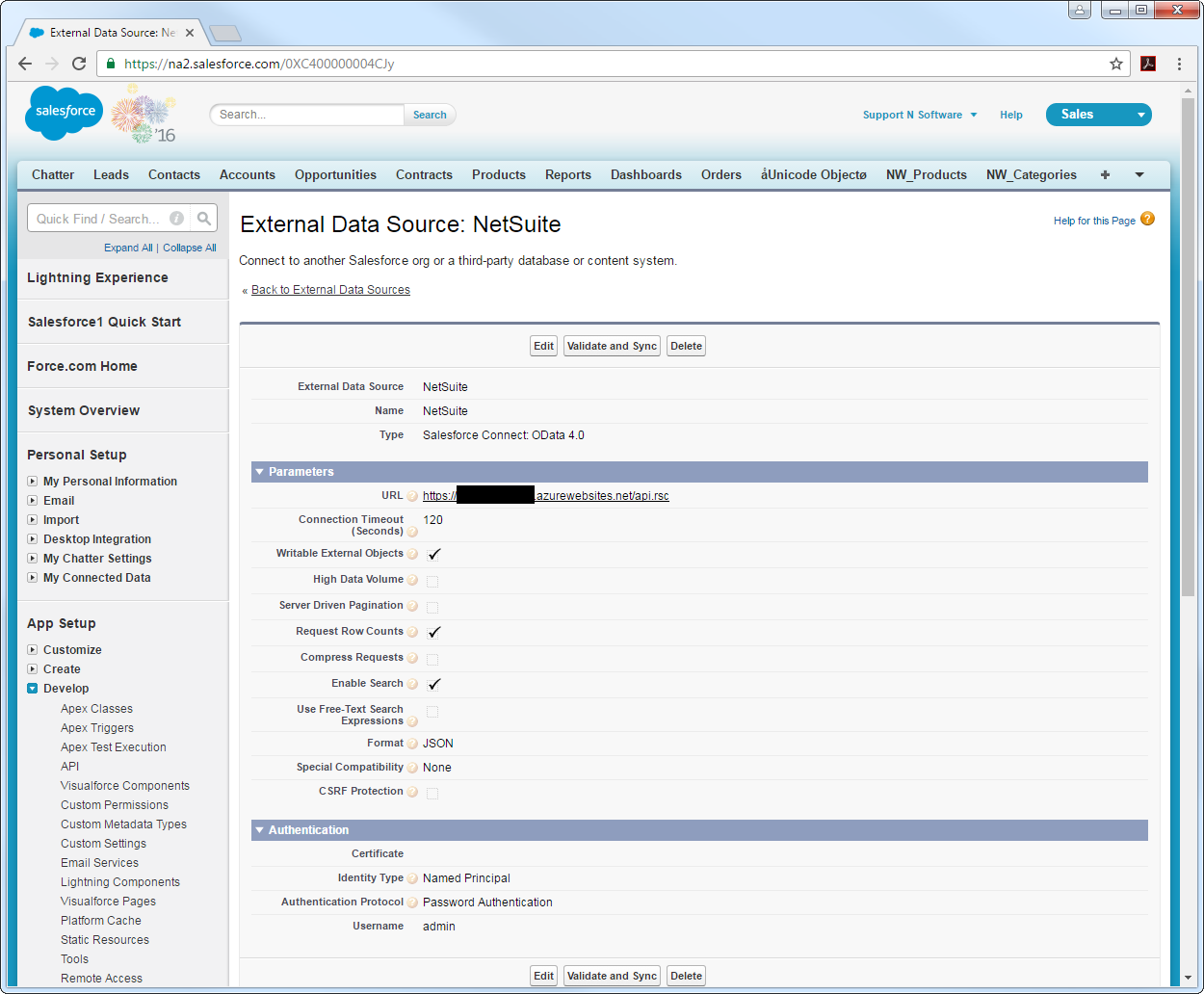Configuration settings for the data source. (NetSuite is shown.)