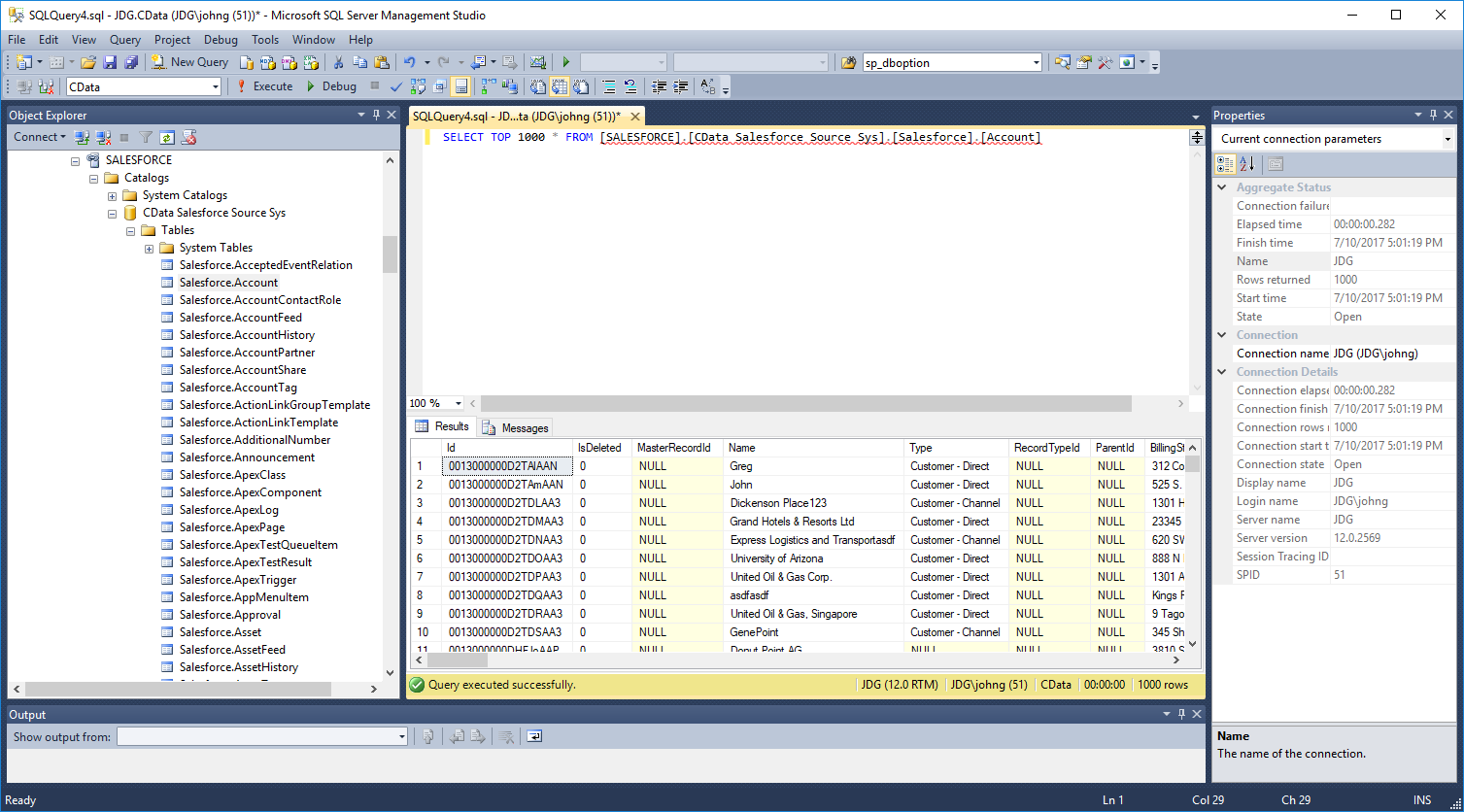 The result of a query in SQL Server Management Studio. (Salesforce is shown.)