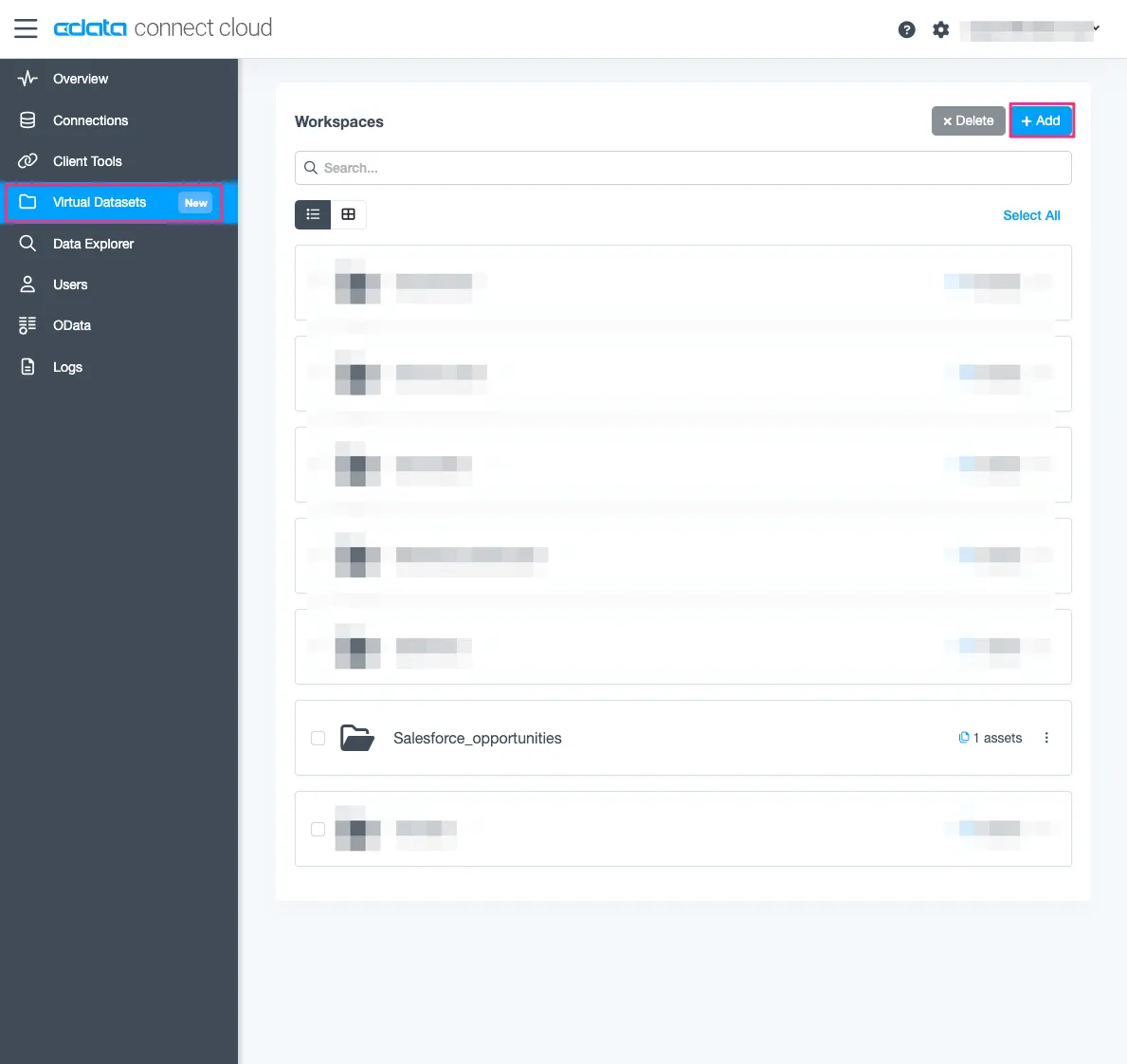 Connect Cloud のVirtual Datasets 画面