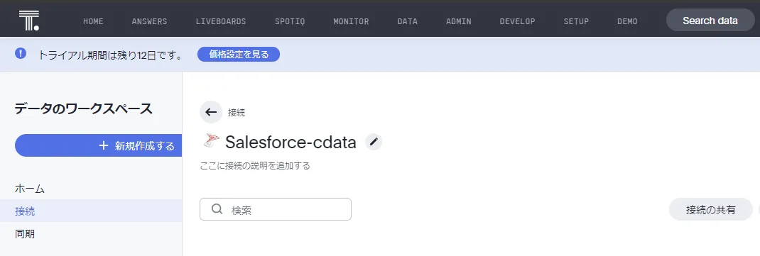 接続ページに作成した接続の情報が表示されている