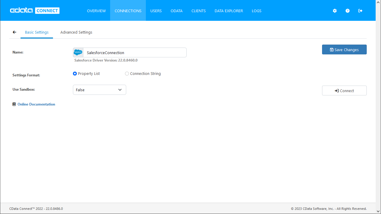 Configuring a connection (Salesforce is shown).