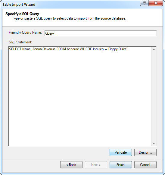 The query to be used to import the data. (Salesforce is shown.)