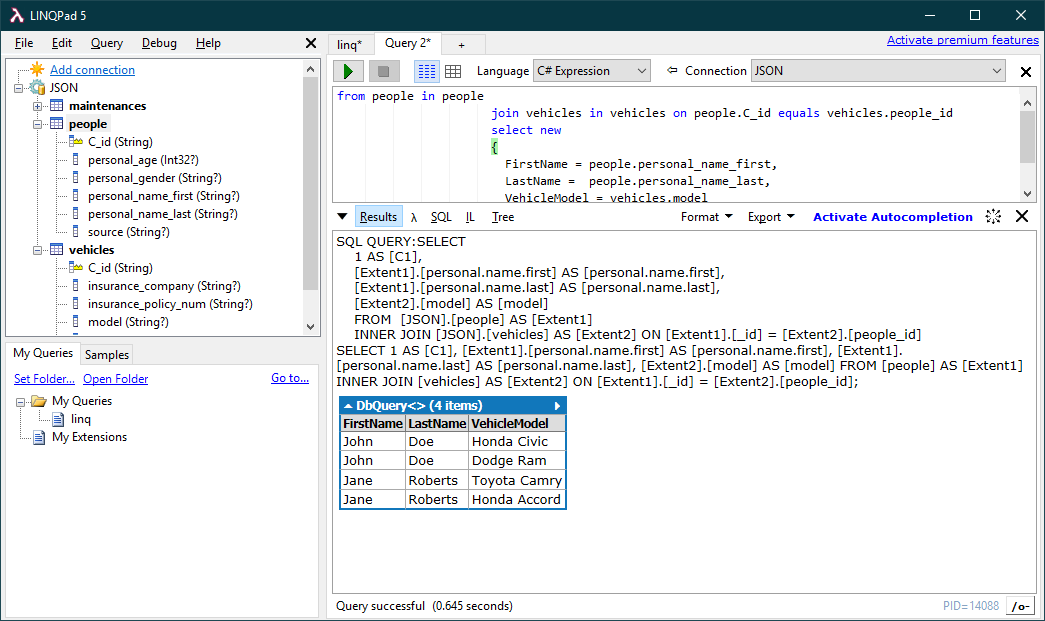 The results of a query in LINQPad. (JSON is shown.)