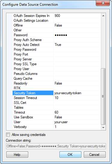Connection properties in the Configure Data Source Connection dialog. (Salesforce is shown.)