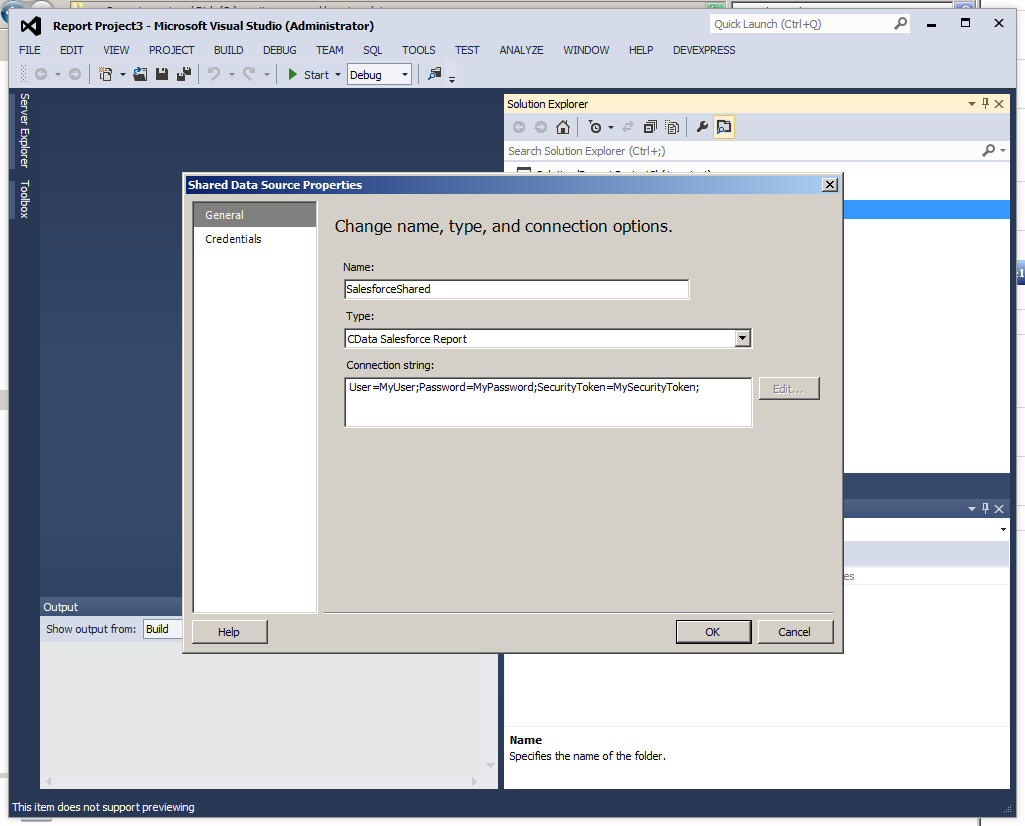 Properties to define a shared data source in Report Designer. (Salesforce is shown.) sql server reporting services odata