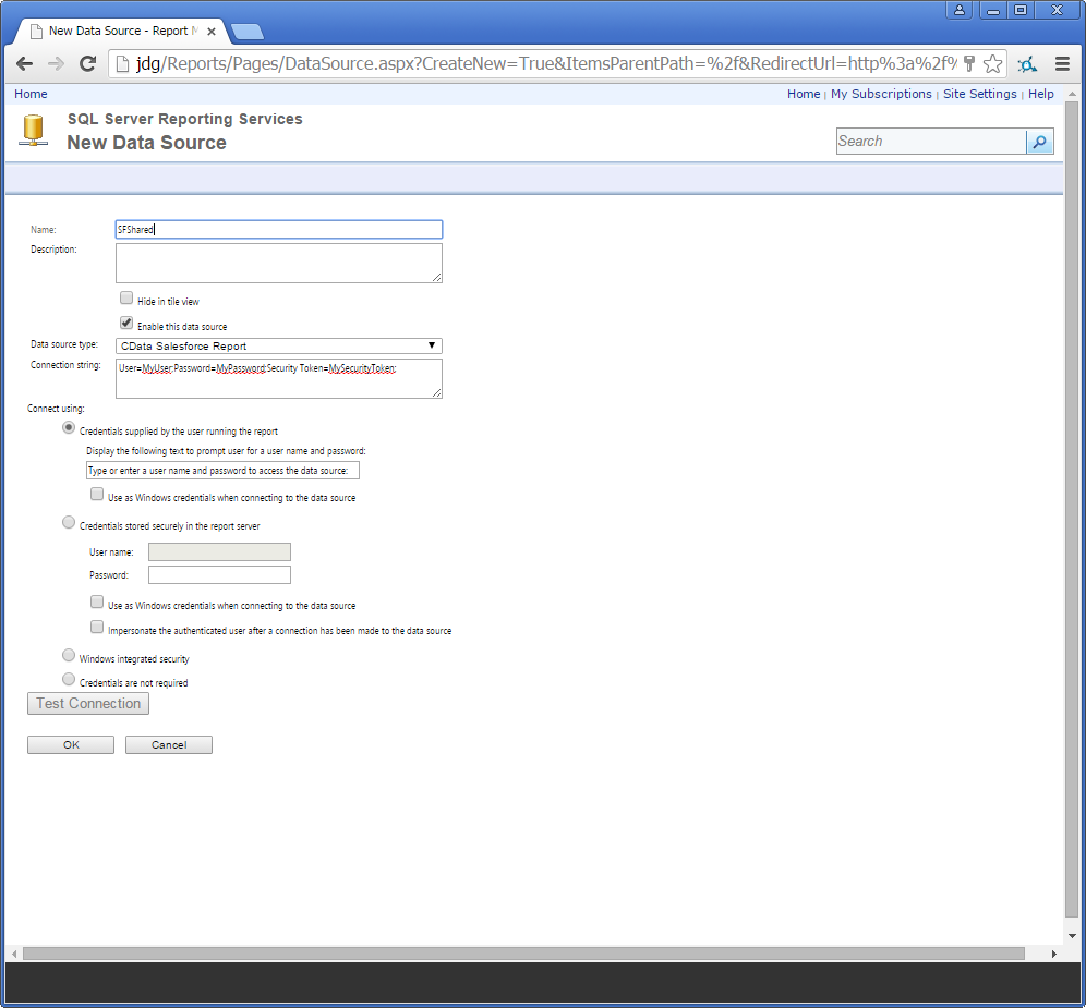 Properties to define a shared data source in Report Manager. (Salesforce is shown.) sql server reporting services odata