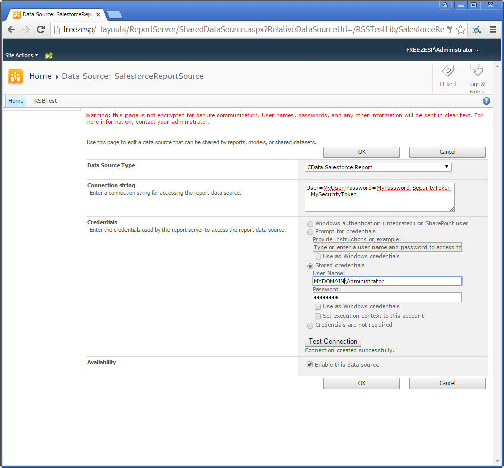 Properties to define a shared data source in SharePoint. (Salesforce is shown.) sql server reporting services odata