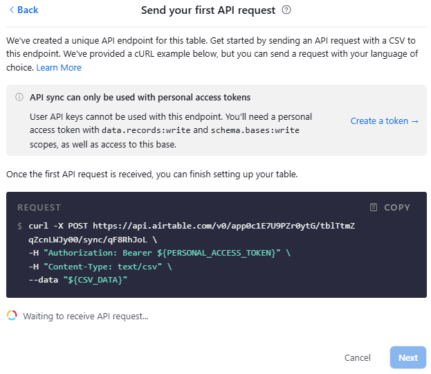 API request setup screen