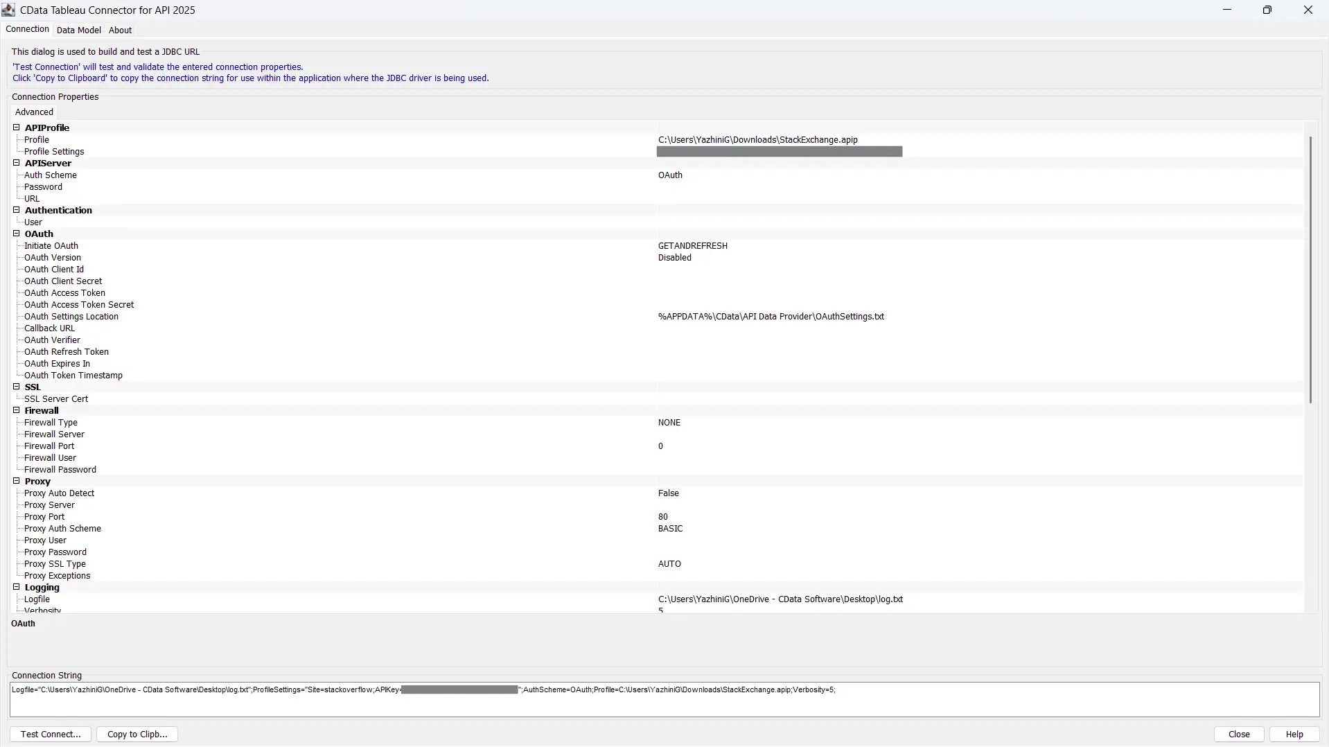Connection Builder with the API Profile and connection properties filled in