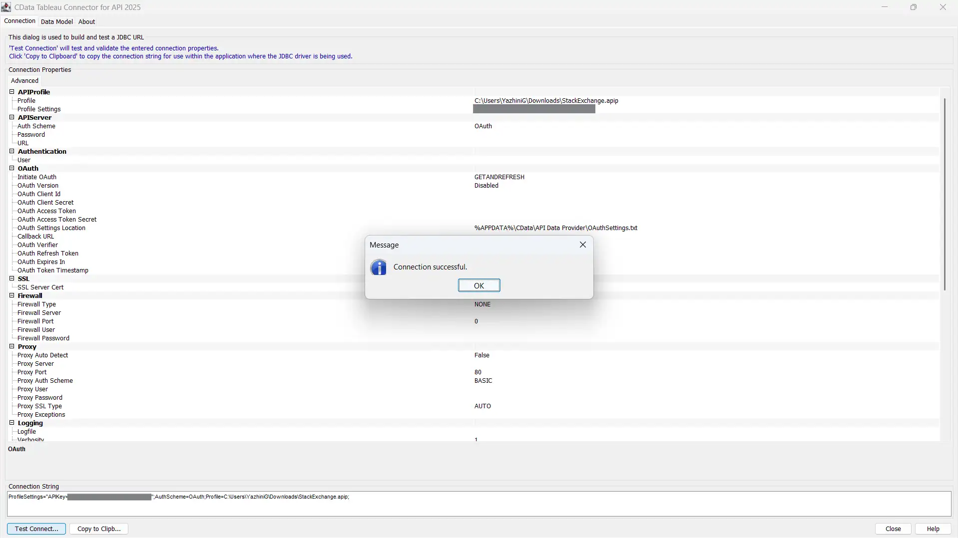 Connection successful message in Connection Builder