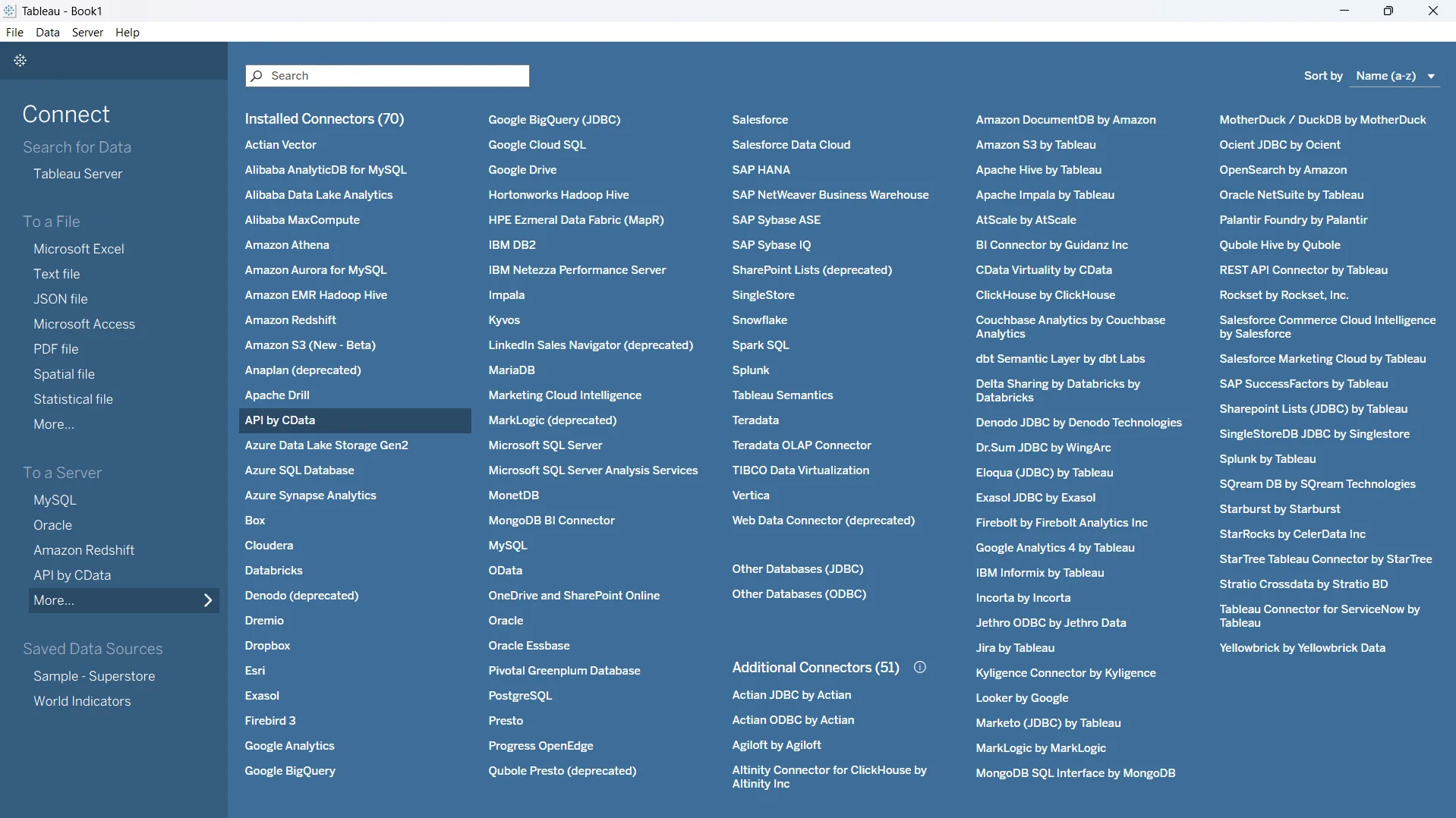 Select API by CData from the Tableau connector list