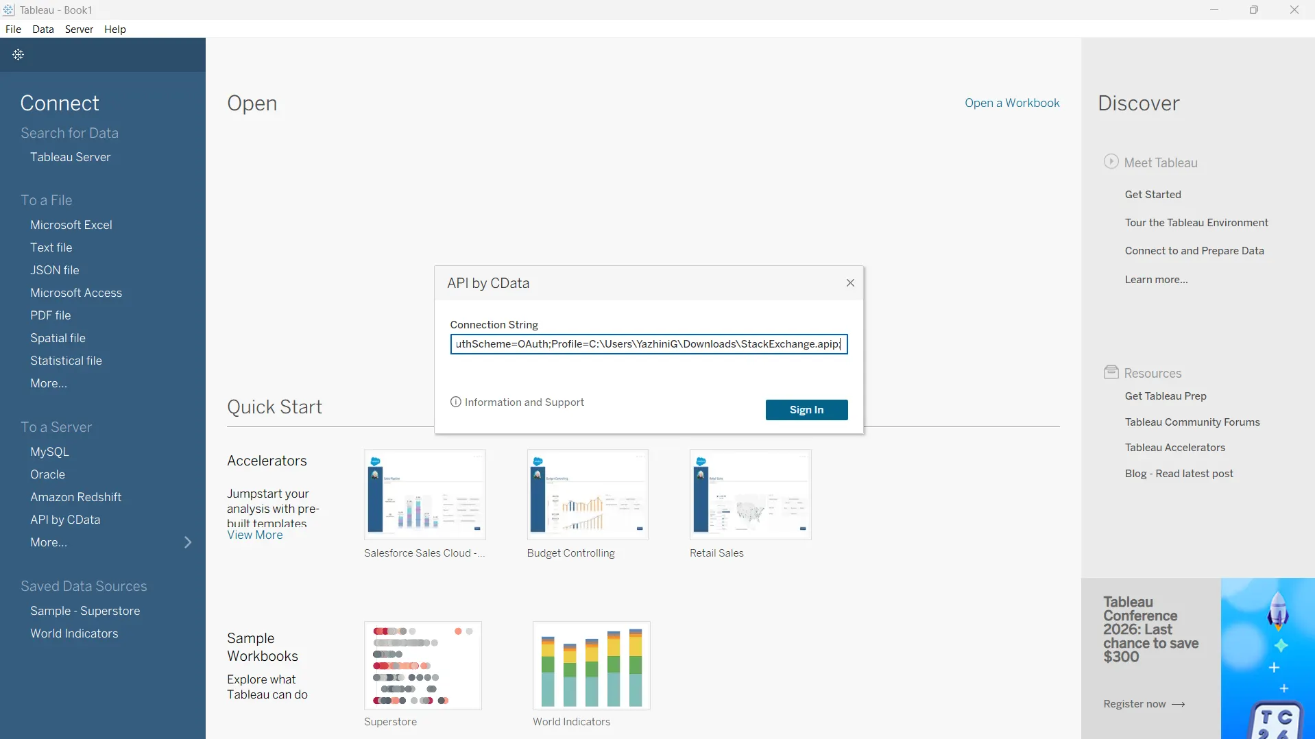 Paste the connection string into the API by CData dialog