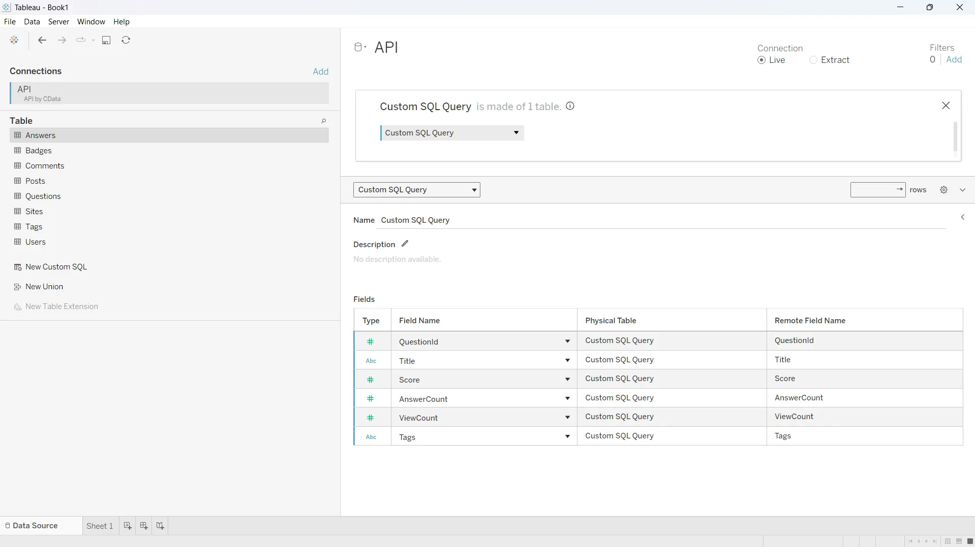 Stack Exchange tables available in Tableau via the CData API Driver