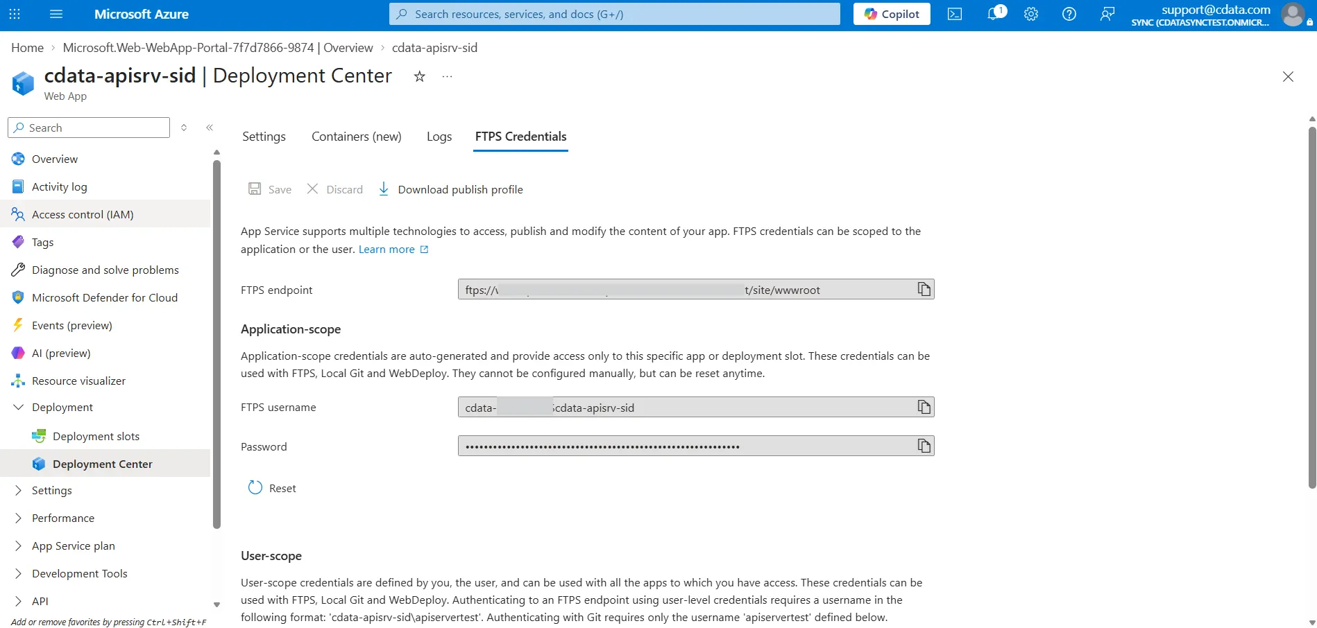 FTPS credentials in the Deployment Center FTPS credentials in the Deployment Center