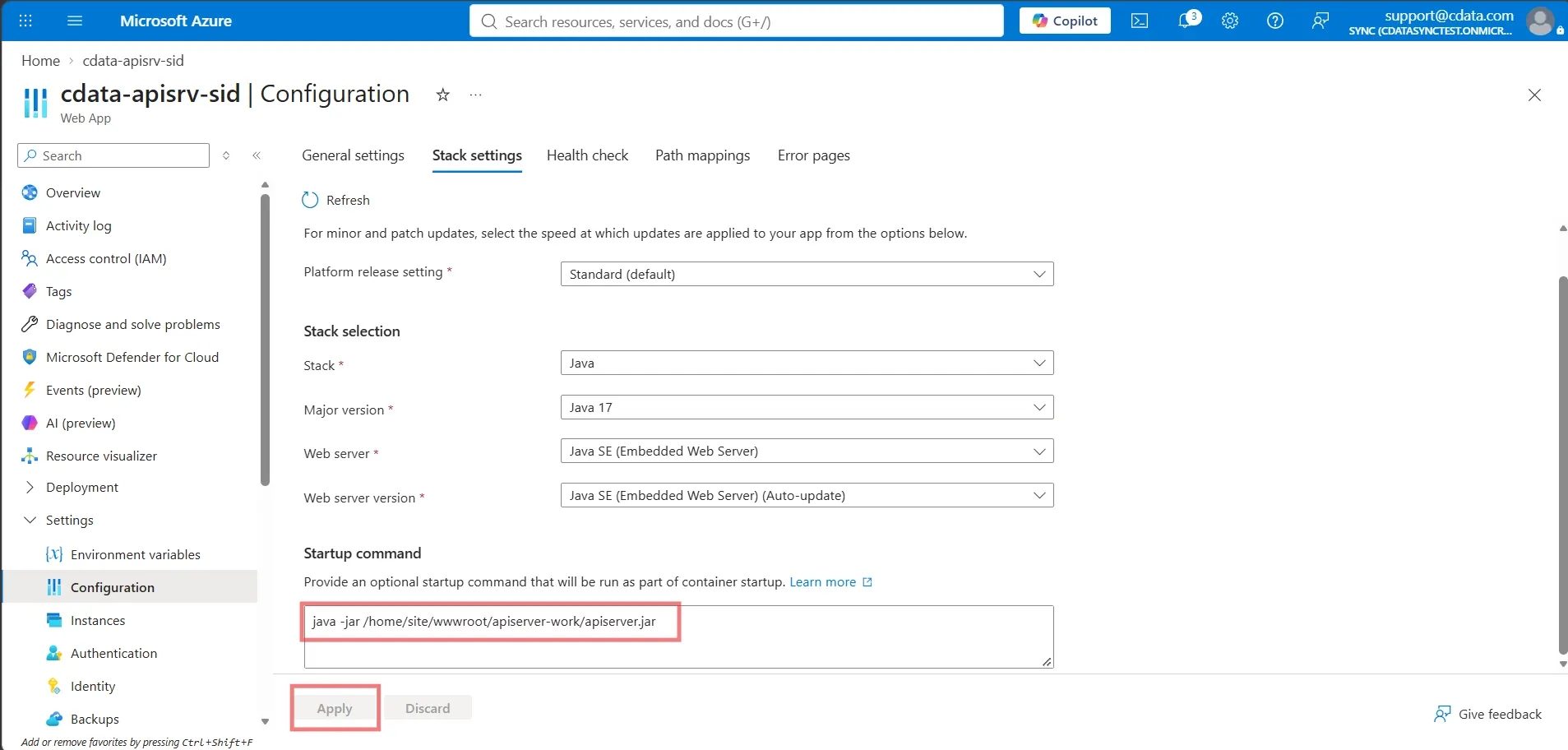 Setting the startup command in Stack settings Setting the startup command in Stack settings