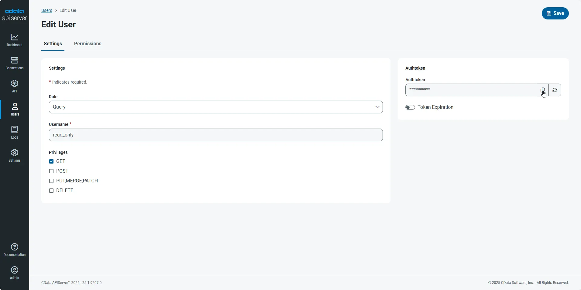 API Server user settings