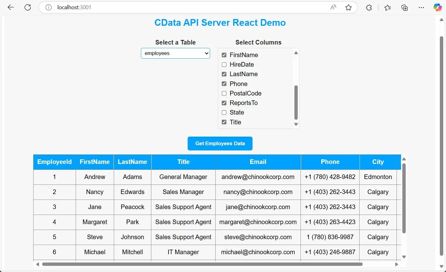 React App Running with CData API Server