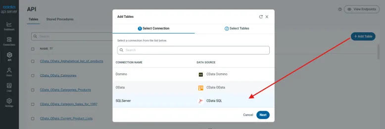 Selecting the SQL server connection. Selecting the SQL server connection.