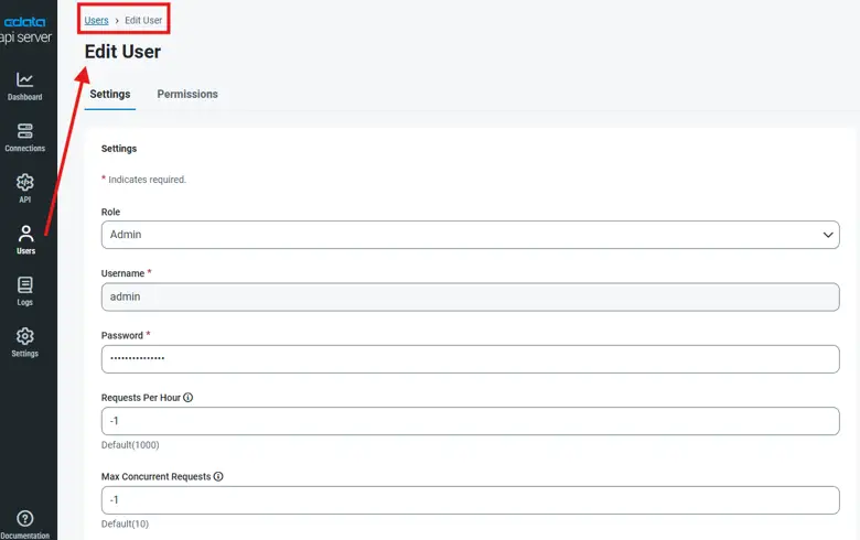 Edit User settings tab. Edit User settings tab.