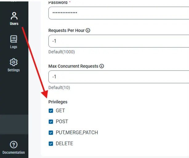 Permissions tab showing HTTP method checkboxes. Permissions tab showing HTTP method checkboxes.
