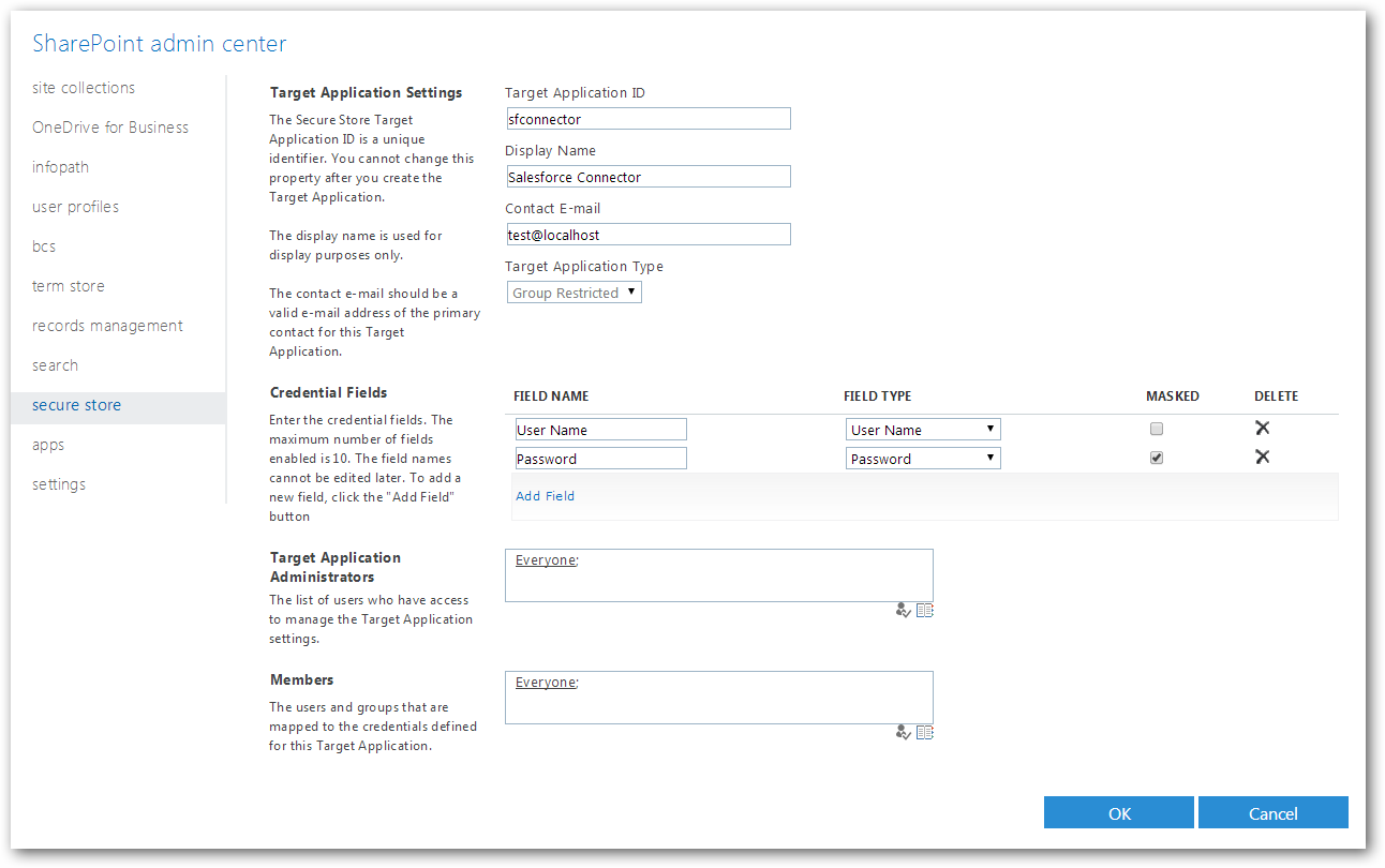 The configuration page for the new target application in SharePoint Online.(Salesforce is shown.)
