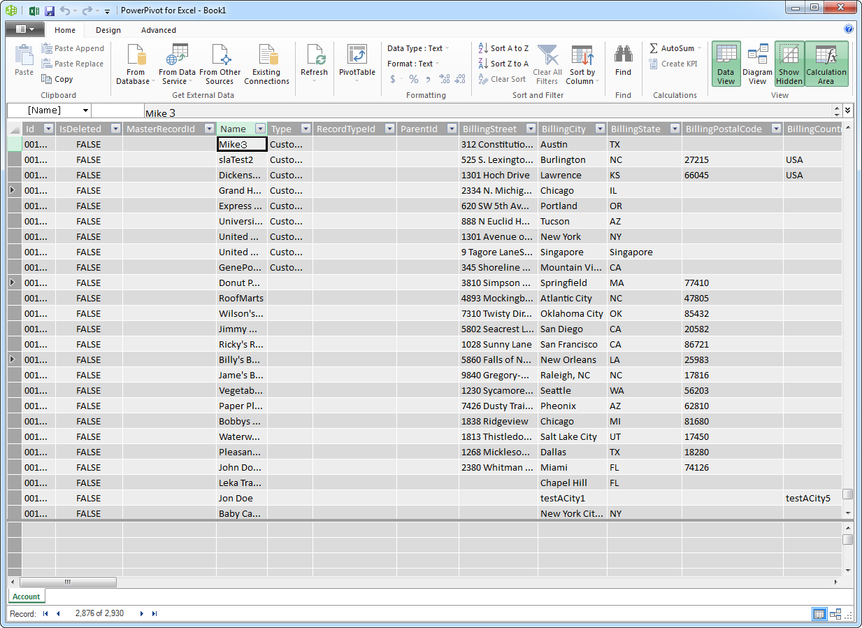 The Pivot Table that is consuming OData feeds from the API Server. (Salesforce is shown.)