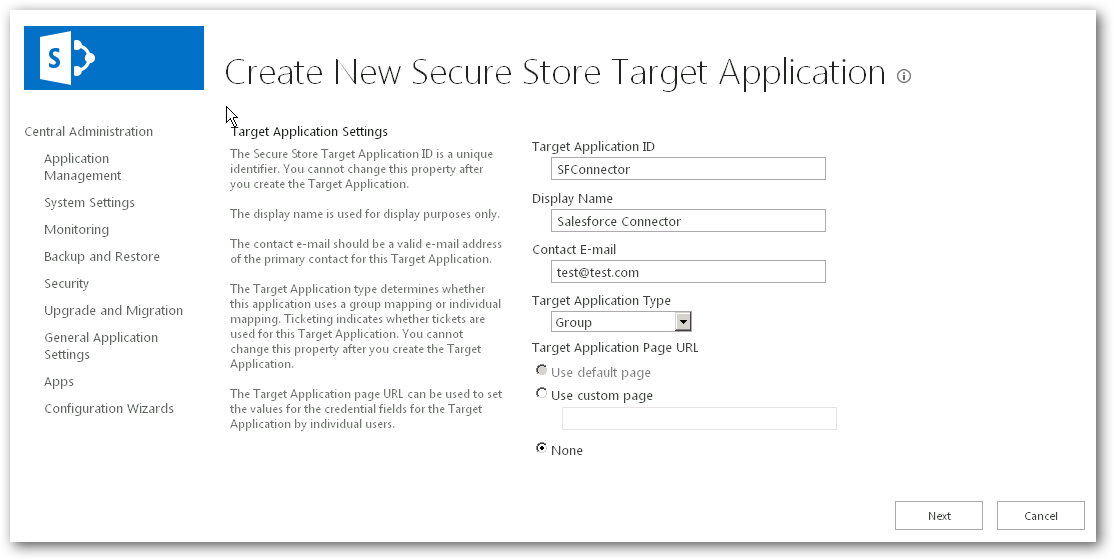 Creating a new target application in SharePoint 2013.(Salesforce is shown.)
