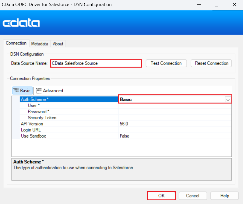Configure the source DSN, setting the auth scheme to Basic.