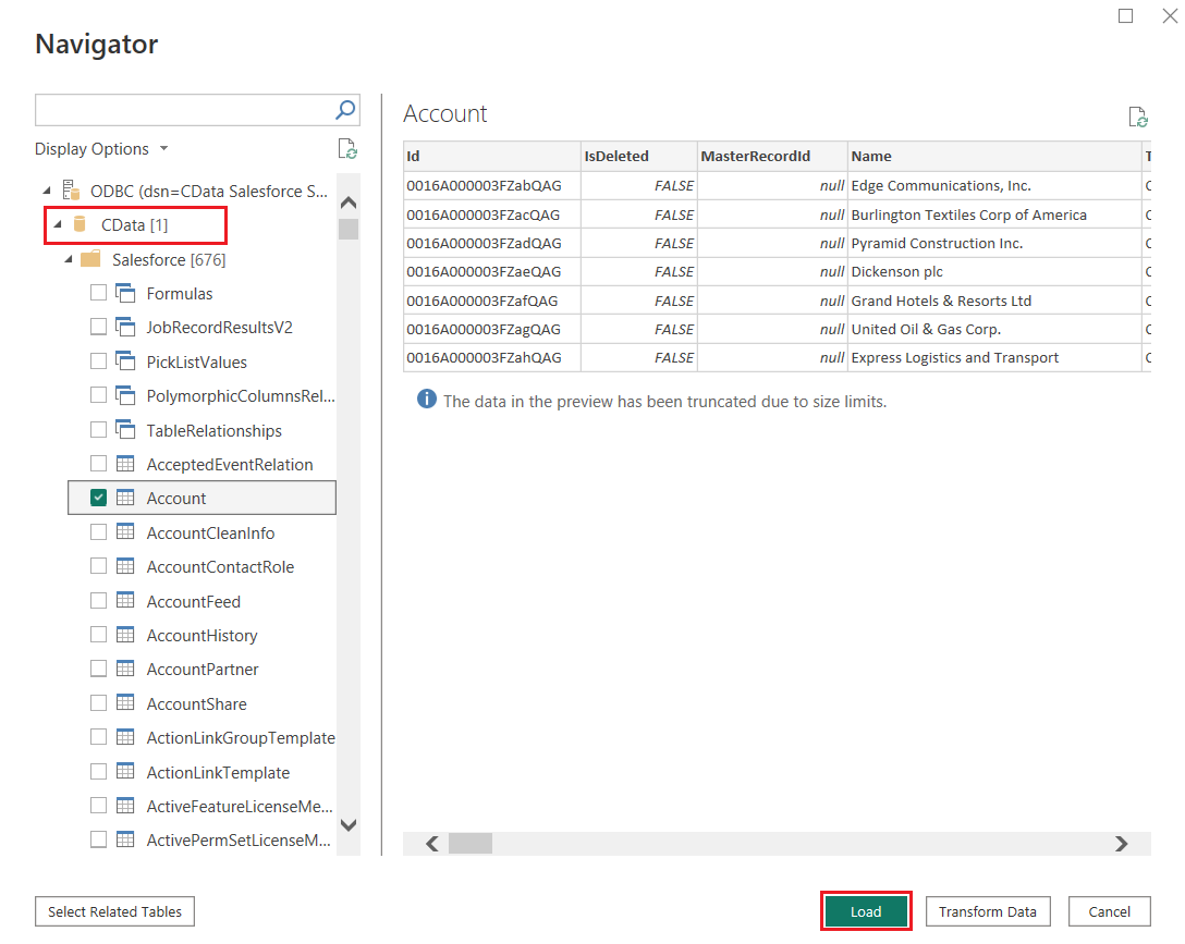 Navigator window shows that the source is now connected from Power BI