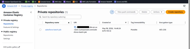 The salesforce-batch-job repository in the Amazon ECR private registry The salesforce-batch-job repository in the Amazon ECR private registry