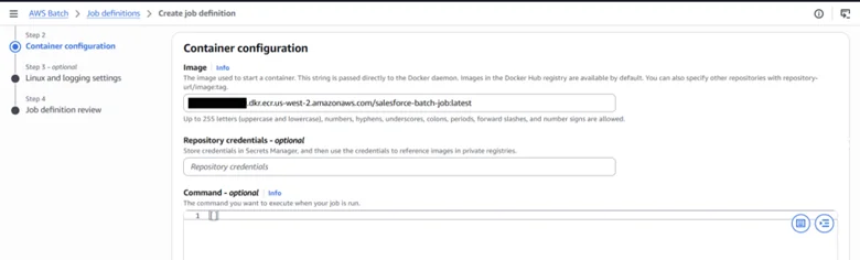 Setting the ECR image URI in the AWS Batch job definition container configuration Setting the ECR image URI in the AWS Batch job definition container configuration