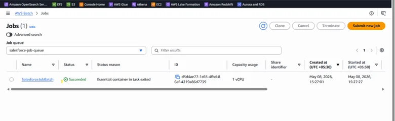 The SalesforceJobBatch job showing a Succeeded status in the AWS Batch console The SalesforceJobBatch job showing a Succeeded status in the AWS Batch console