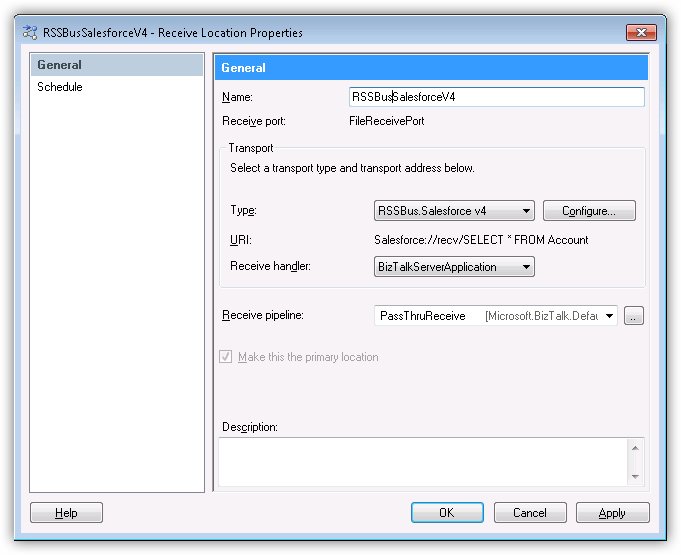 Receive Location properties for the adapter. (Salesforce is shown.)