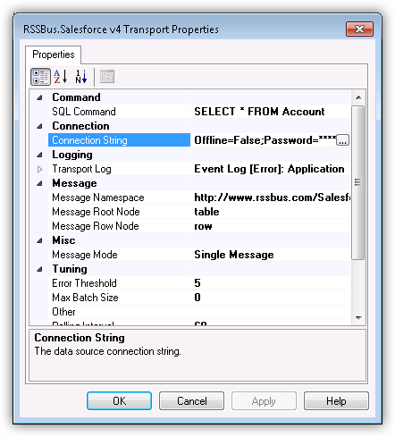 Adapter properties dialog. (Salesforce is shown.)